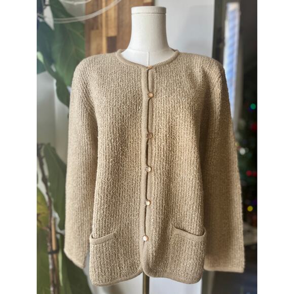 Vintage 80s Tan Boucle Button Front Cardigan Sweater Size Large - Picture 2 of 6